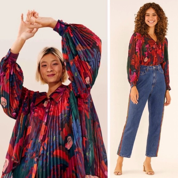 FARM RIO Boho Bird Flowers Pleated Blouse Vibrant Multicolor Floral Top XS